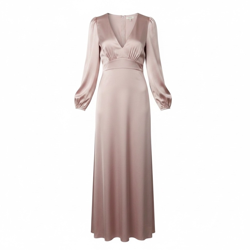 Rosevelvet Mauve Satin V-Neck Bishop Sleeve Maxi Dress Women Med Elegant whimsy